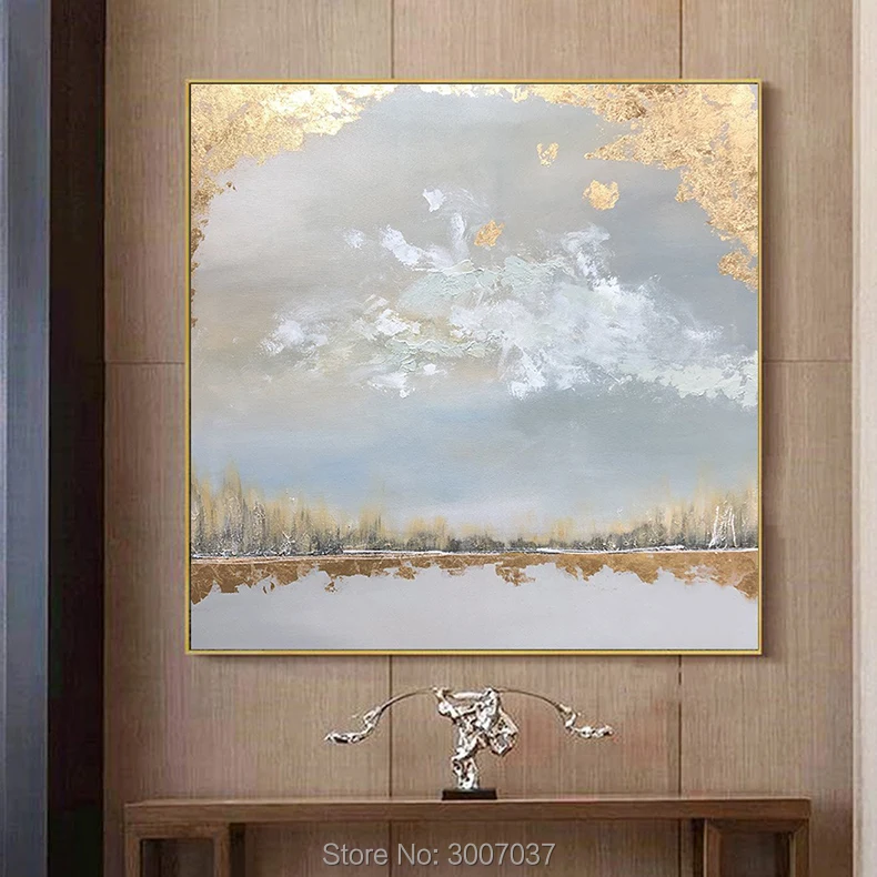 

Hand Painted Landscape Oil Painting Gold and White Paintings Modern Golden Foil Oil Painting On Canvas For Living Room