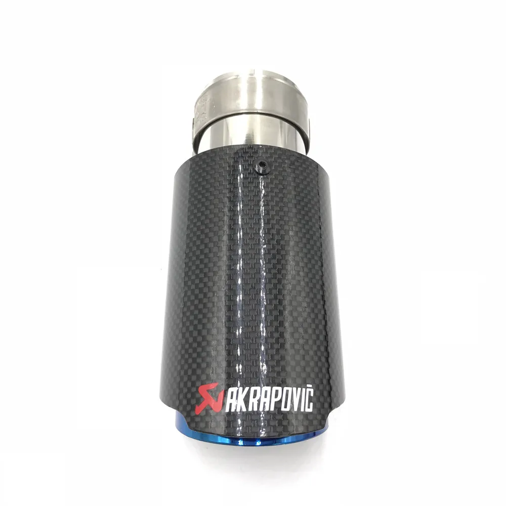 1 шт. вход 63 мм выход 76 мм Akrapovic автомобиль глянцевый углеродного волокна Выхлопной конец синий трубы из нержавеющей стали один глушитель советы