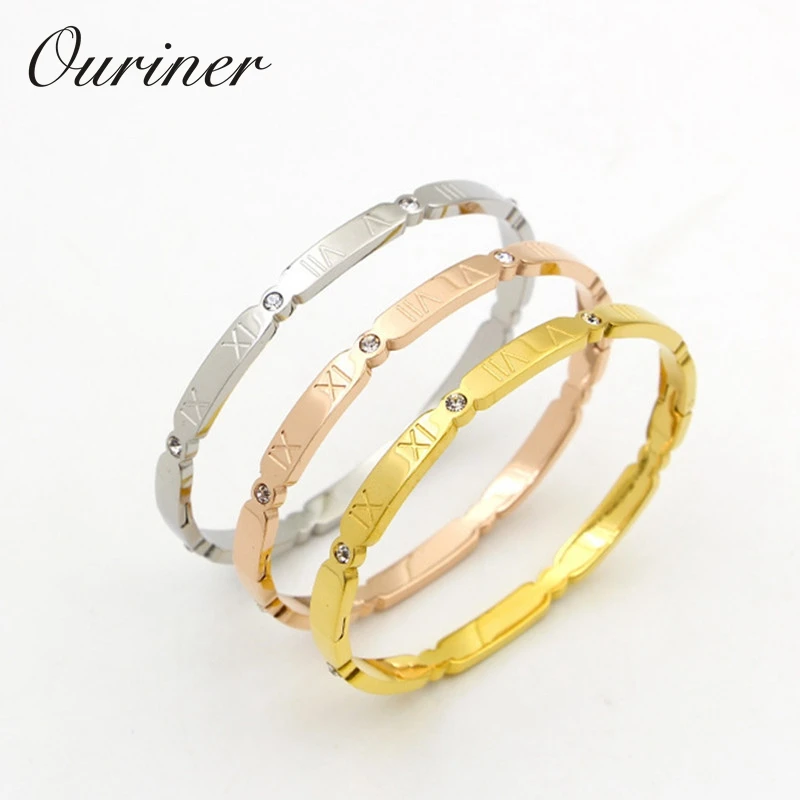 Brand Jewelry Women Bangles Stainless Steel Gold-Color Crystal Bracelet Carving Roman Numerals Bangle &amp K0103 |
