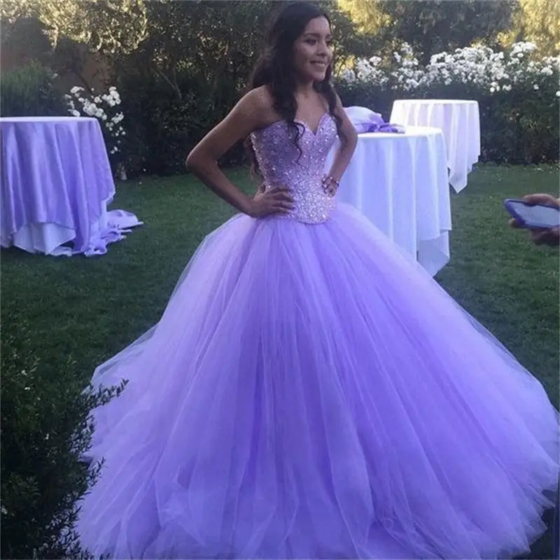 

Lavender Ball Gown Prom Dresses 2019 New Sleeveless Sweetheart Beading Tull Floor Length Formal Evening Dress Party Gowns
