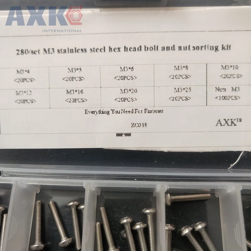 AXK 280 шт./компл. M3 Шестигранная головка из нержавеющей стали винты болты гайки