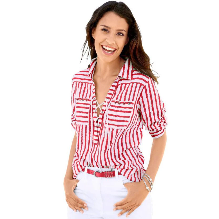 Для женщин офисные синий/красный и белый полосатый блузка с длинными рукавами