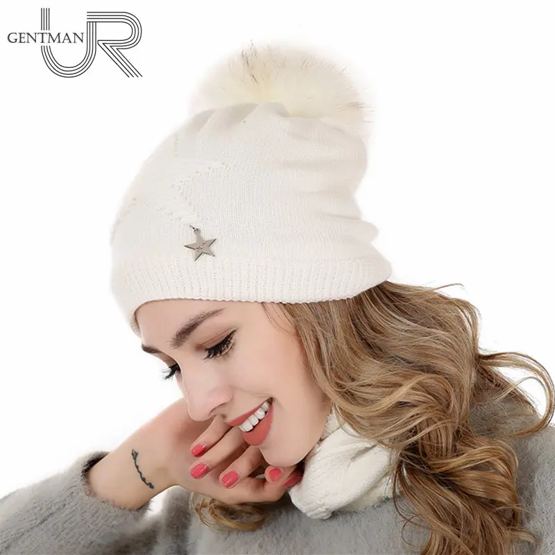 

Новая женская теплая зимняя шапка с меховой подкладкой мягкие облегающие шапки шейный теплый шарф с пятизвездочным кулоном вязаная шапка модная шапка с помпонами