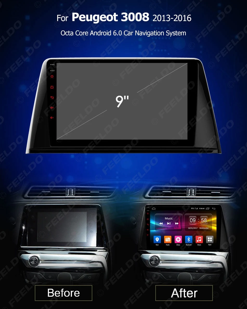 FEELDO 9 дюймов Android 6,0(64 бит) Восьмиядерный DDR3 2 г/32 г/FDD 4 г автомобильный DVD gps радио головное устройство для peugeot 3008 2013