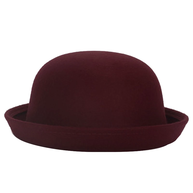 wine red 57cm adult Весенне-осенняя женская детская шляпа, классическая шляпа, женская имитация шерсти, шапка, шапки для девушек, милая однотонная черная шляпа-котелок для женщин - Цвет: wine red 57cm adult
