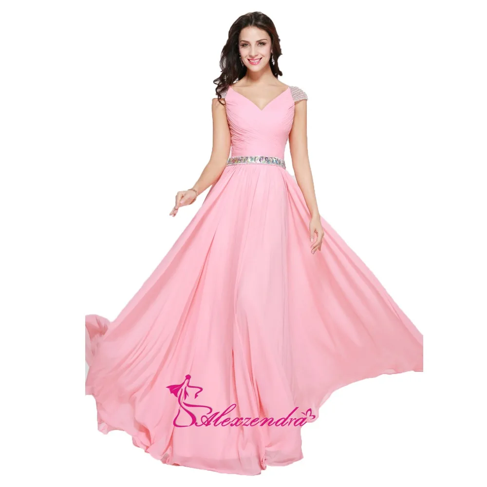 

Alexzendra V Neck Cap Sleeves Pink Beaded Belt A Line Evening Dress Plus Size Special Prom Dress Party Dresses