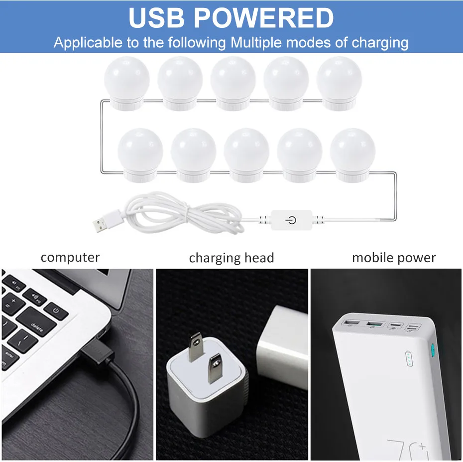 Косметическое зеркало с подсветкой 2/6/10/14 штук в наборе USB 5V светодиодный лампы Смарт панель регулировки яркости подсветки Голливуд Зеркало для макияжа Лампа Расстояние яркий регулируемый
