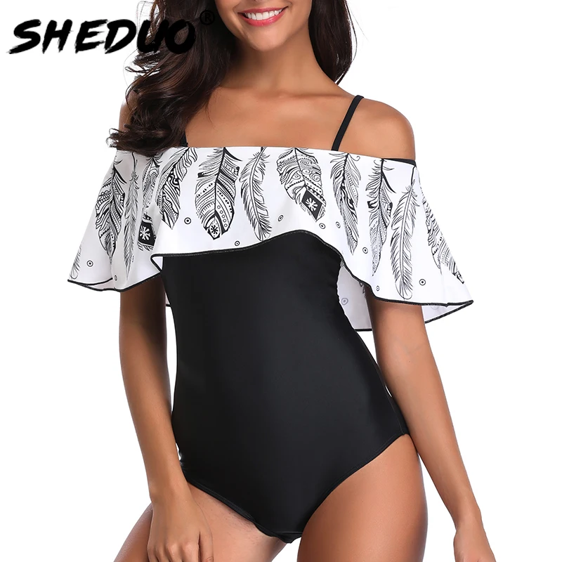 2019 Sexy Swimwear Off The Shoulder Solid Women One Piece Swimsuit Female Bathing Suit Ruffle Monokini Swim Wear Plus Size 5xl | Спорт и