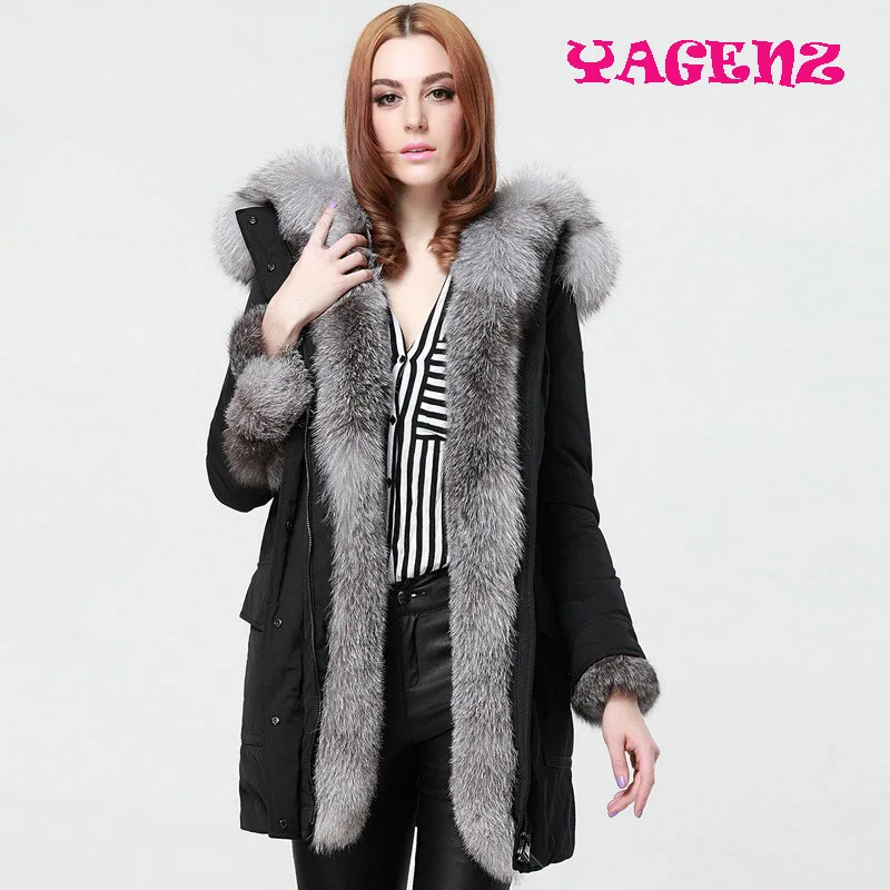 Женская парка с натуральным лисьим мехом черная длинная повседневная верхняя