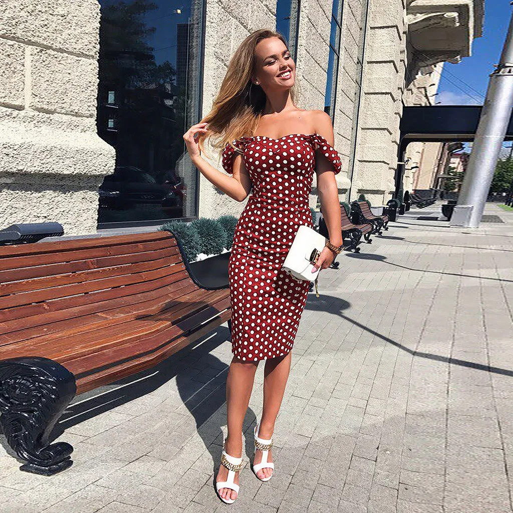 Для женщин сексуальные платья с открытыми плечами принтом в горошек Bodycon платье