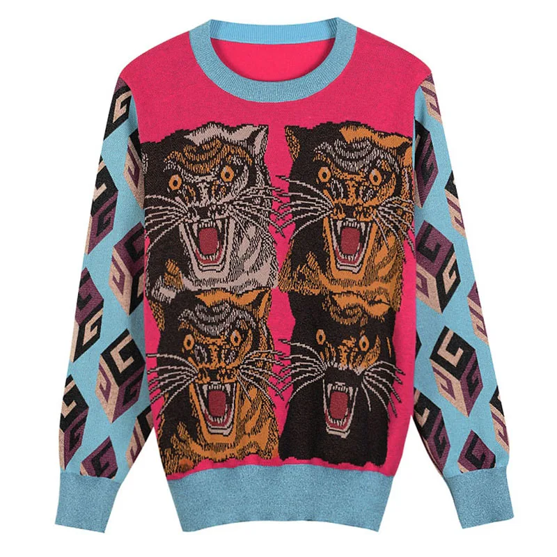 Fashion Women Sweater Tiger Head Cube Pattern Jacquard Knitted Pullovers Long Sleeve Winter Cool Runway | Женская одежда