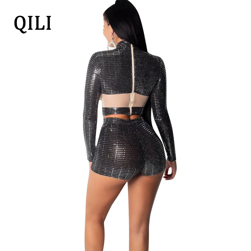 QILI Flash Sequined Комбинезоны женские комбинезоны с длинным рукавом из 2 частей Сетки