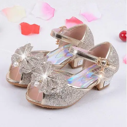 Новинка лета 2020 детские сандалии туфли на высоком золотом каблуке с бантом