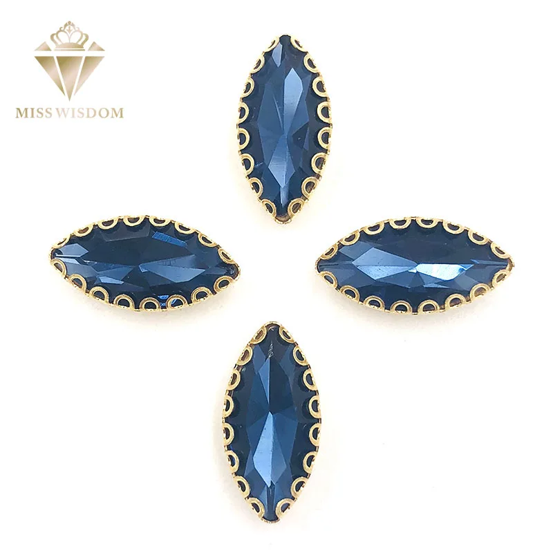 7x15 мм чернильно-синяя форма листа пришивные стразы Золотая основа с отверстием