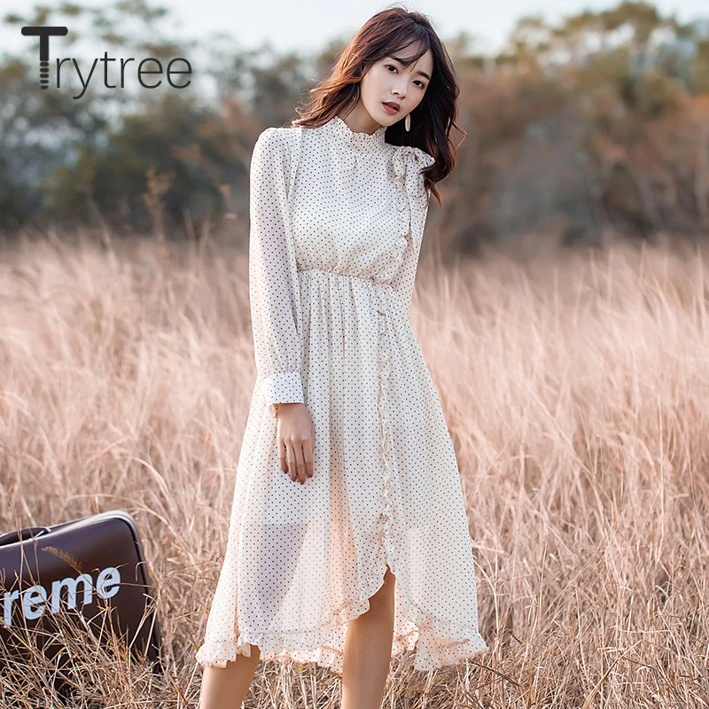 Винтажное платье в горошек Trytree женские платья с длинным рукавом и бантом до