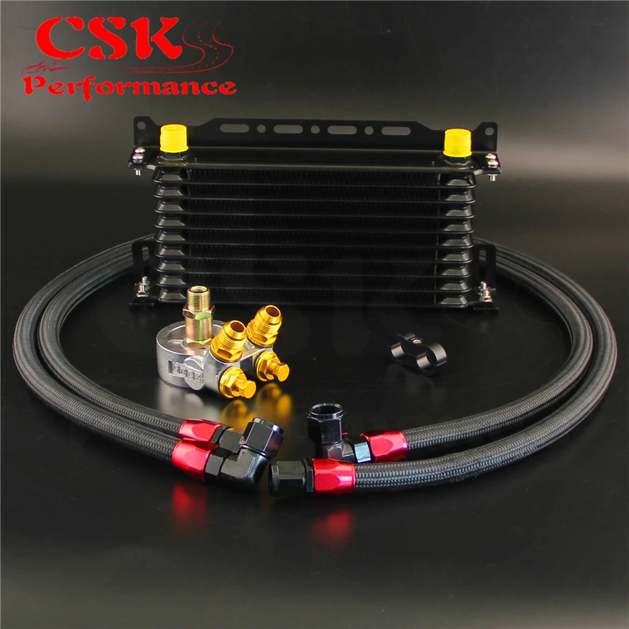 

10 Row Oil cooler w/Bracket+176F /80 Deg Thermostat Adapter Kit For Japan Car