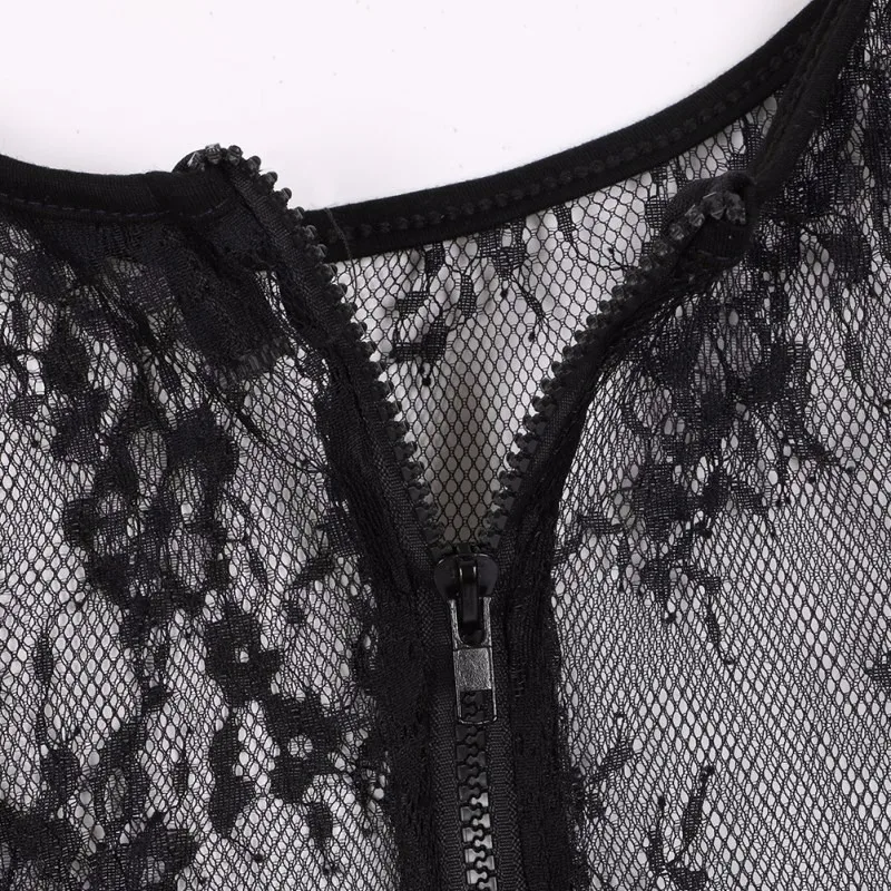 Женский сексуальный кружевной топ, Blusas Femininas, черный, короткий рукав, круглый вырез, с вырезами, на молнии