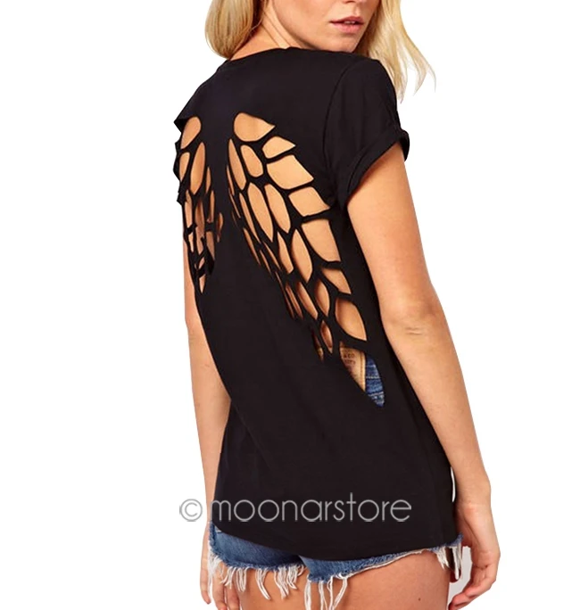 

New 2015 summer women fashion t shirt laser backless angel wings women's White Black shorts tops & tees t-shirt XE1426
