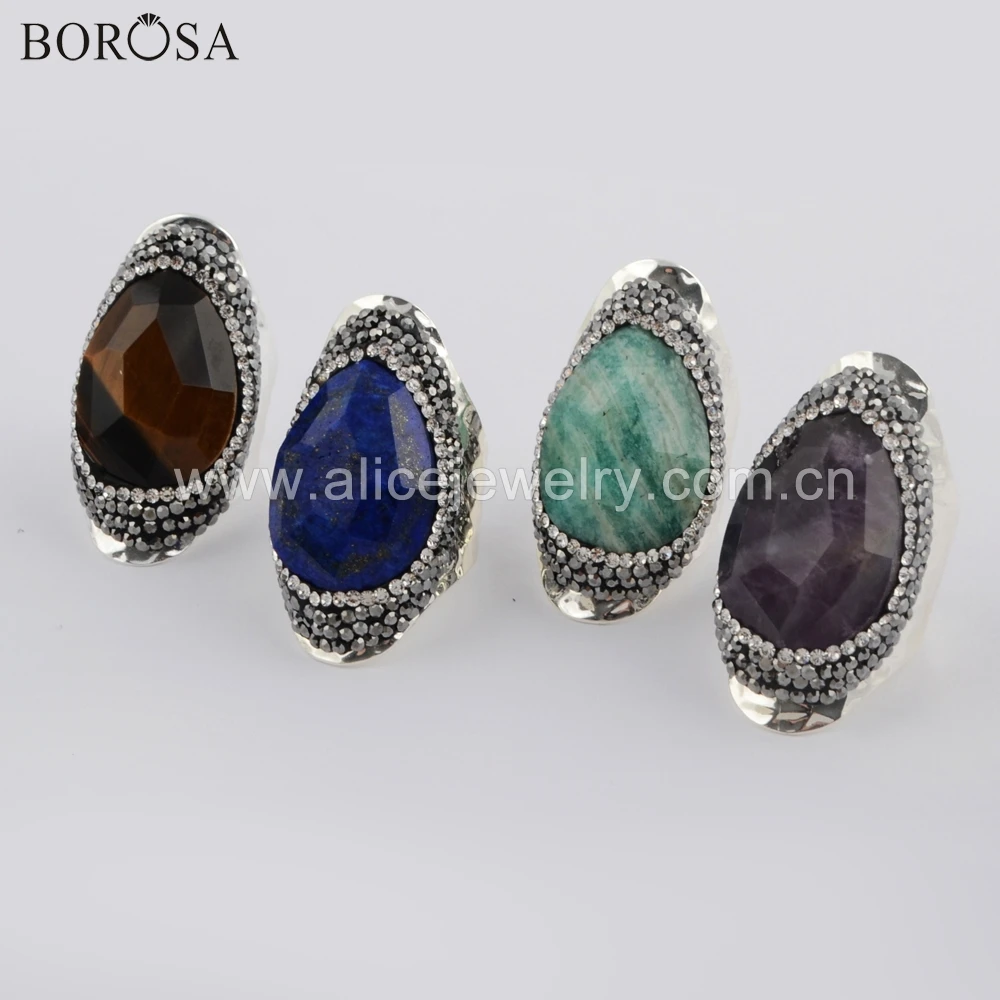 BOROSA 5PCS wholesale Lapis Lazuli Faceted Drop Paved Crystal Band Rings Amethysts malachite tiger eye Amazonite JAB956-2 | Украшения и