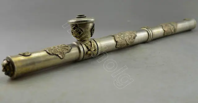 

Collectible Decorated Old Handwork Tibetan Silver Carved Dragon Eagle Smoking Pipe