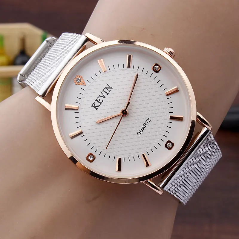 

Women Watches Fashion Crystal Simple Design Rose Gold Dial Silver Steel Mesh Band Quartz WristWatches Lovers Gifts KEVIN Brand