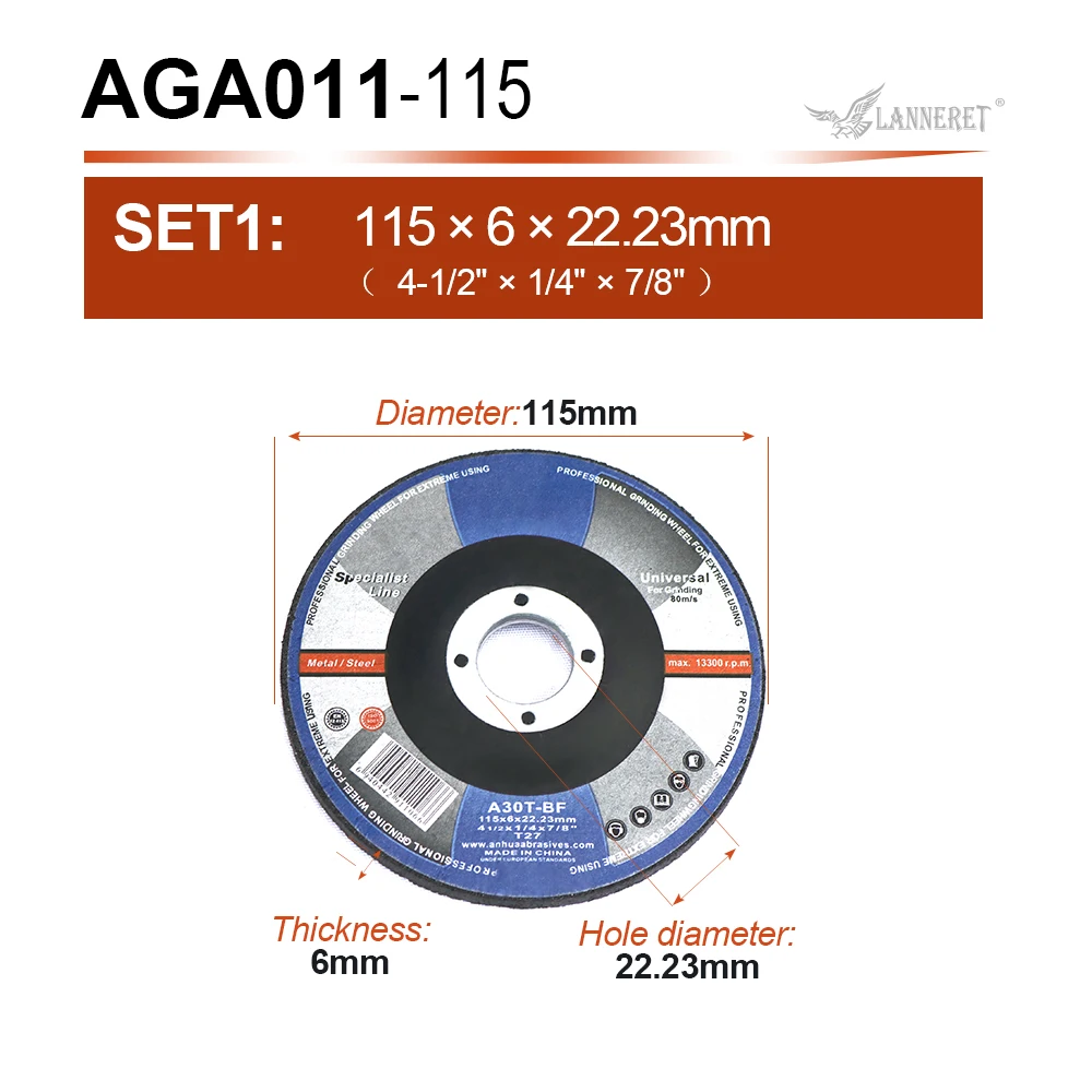 1pc 115mm LANNERET шлифовальный диск 115 мм/125 мм/180 мм/230 мм из нержавеющей стали, металлический шлифовальный абразивный шлифовальный лист, режущий диск - Наружный диаметр: 1pc 115mm