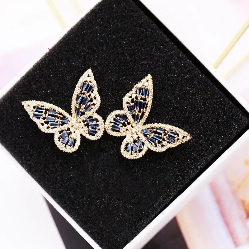 Gold Blue ЦИРКОНИЕВЫЕ серьги-гвоздики с бабочкой для женщин и девушек, серебряное Золотое розовое голубое цвет, модные свадебные Серьги pendientes mujer moda - Окраска металла: Gold Blue