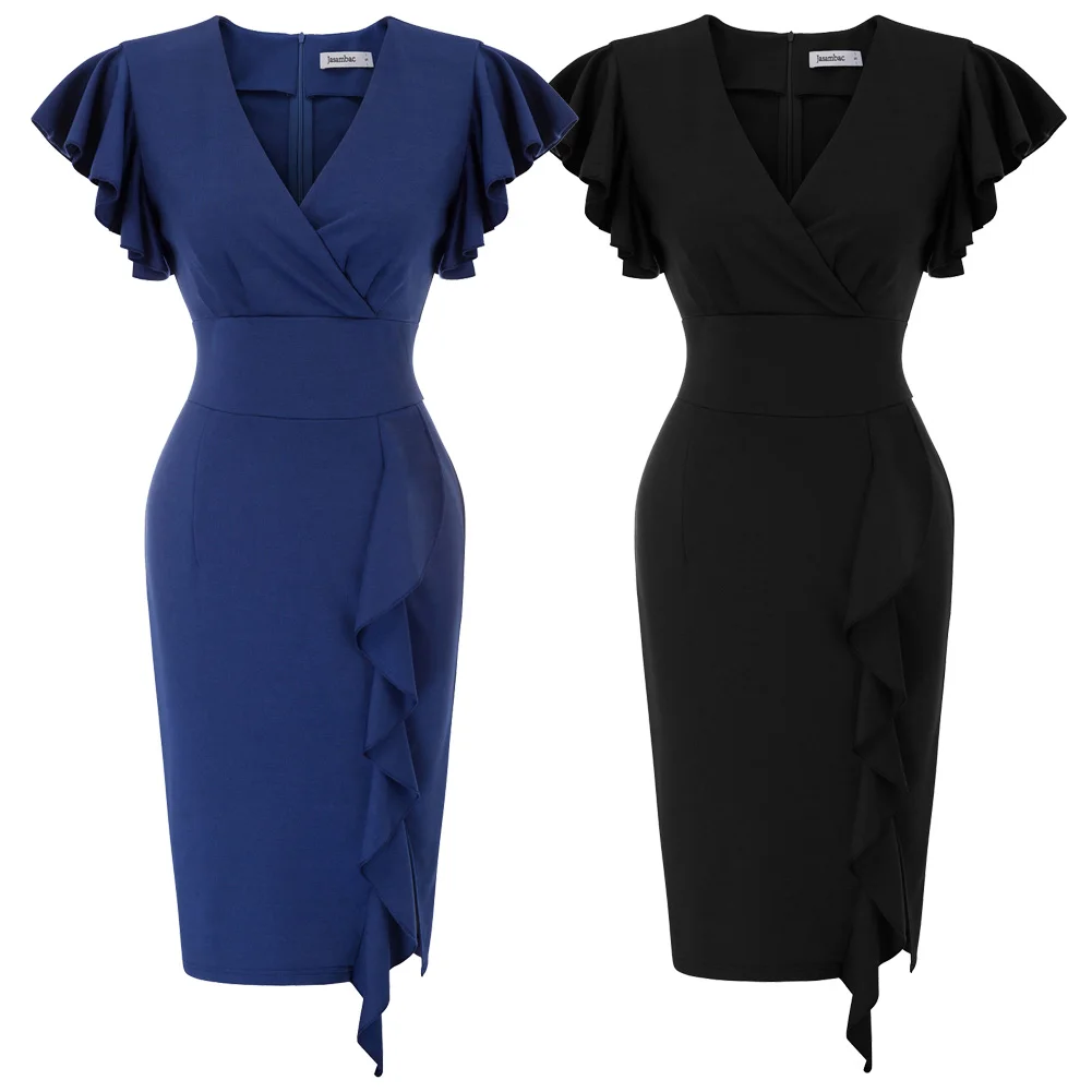 Женское платье с рюшами и v-образным вырезом элегантное сексуальное офисное для