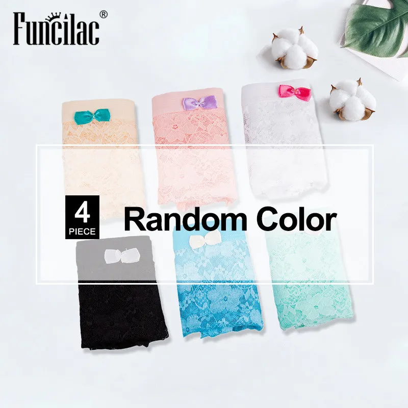 Random color--4 pcs Сексуальные трусики для женщин, кружевные трусы, Прозрачное нижнее белье для девушек, хлопковое нижнее белье, женское нижнее белье, 4 шт./партия FUNCILAC - Цвет: Random color--4 pcs