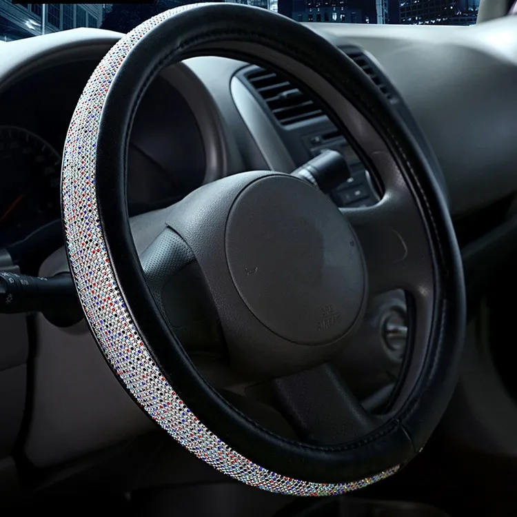 Multi white Модный роскошный женский автомобильный кожаный чехол на руль с блестящими кристаллами прекрасный нескользящий автомобильный чехол на руль 38 см - Название цвета: Multi white