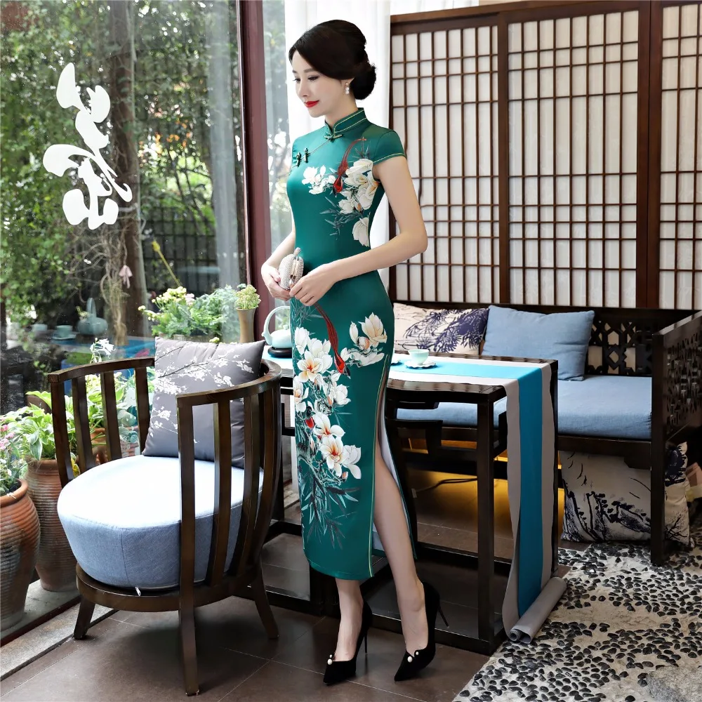 Шанхай история искусственного шелка Qipao Платье длинное Cheongsam национальный тренд платья короткий рукав тонкий Традиционный китайский платье для женщин