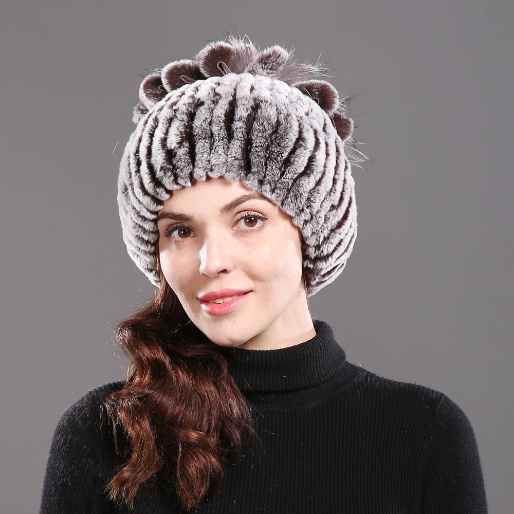 Горячая Распродажа Настоящий мех кролика Skullies Beanies шапки женские зимние теплые ручной работы вязаная шапка из меха кролика рекс с натуральным лисьим мехом шапка