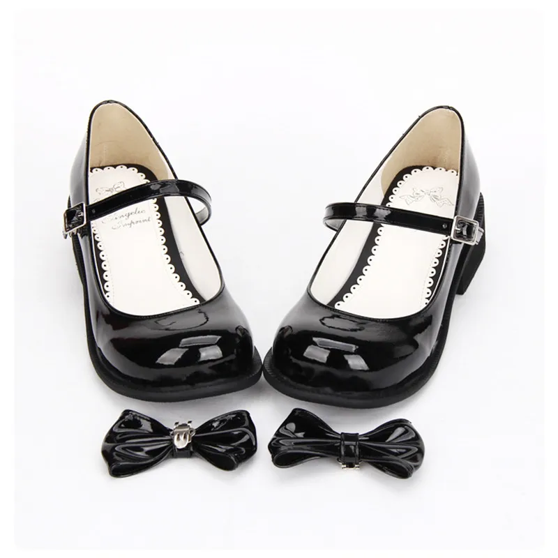 Женские черные лакированные кожаные туфли на низком каблуке в японском стиле