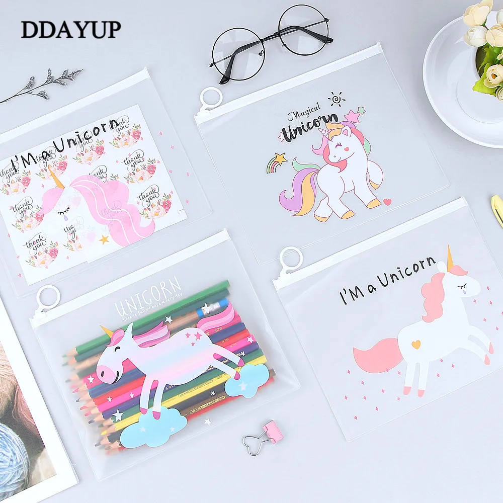 Прозрачный чехол-карандаш с мультипликационным принтом Kawaii Unicorn, большая сумка-карандаш для девочек, для детей, для офиса, школы, канцелярские принадлежности