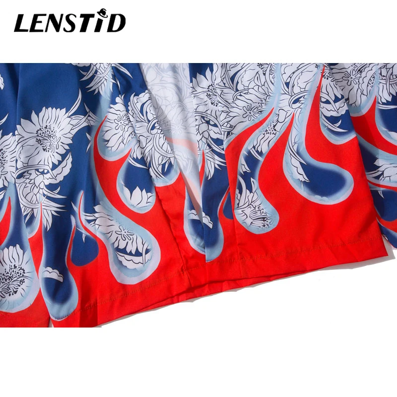 Мужская тонкая куртка кимоно LENSTID Fire Flame летнее повседневное с цветочным принтом