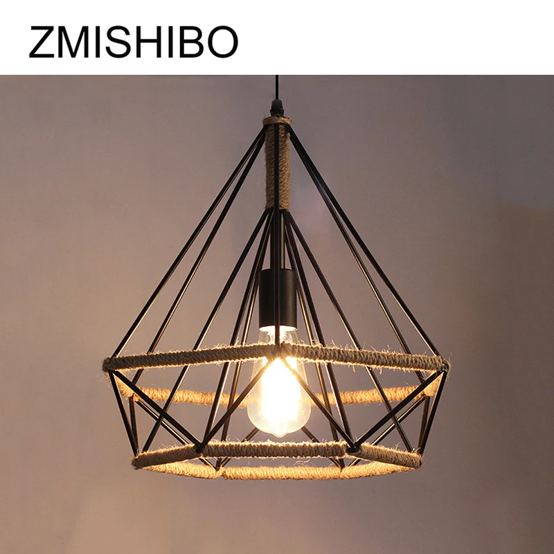 ZMISHIBO железные подвесные светильники Алмазная форма пеньковая веревка абажур E27