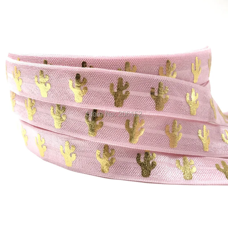 

10 yards wholesale Pink Cactus Gold Metallic print Fold over elastic Hairbands foe ribbon DIY Accessories handmade tube