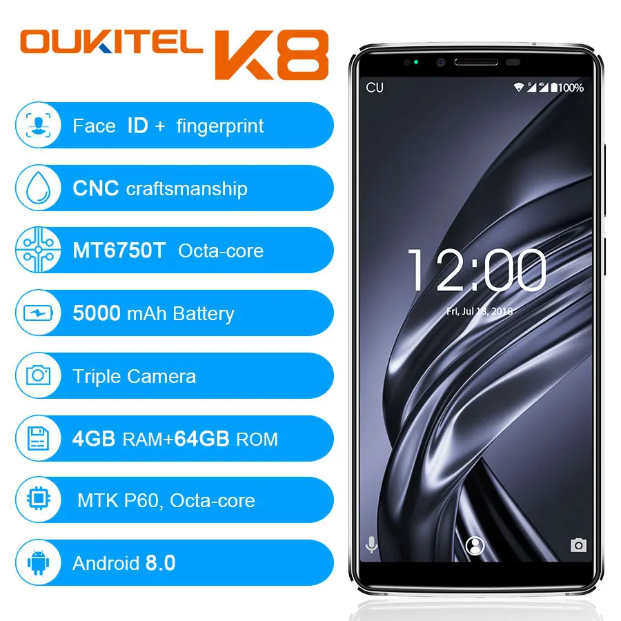 OUKITEL K8 18:9 полный дисплей 6,0 ''FHD 4 Гб ОЗУ 64 Гб ПЗУ MT6750 Восьмиядерный 13 МП+ 5 Мп отпечаток пальца ID 5000 мАч 5 В/2 а Быстрая