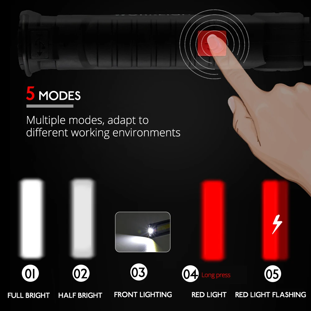 Magnetic LED Flashlight Hook Lamp USB Rechargeable Foldable COB Torch Work Light 5 Mode Camping Tent Lantern | Лампы и освещение