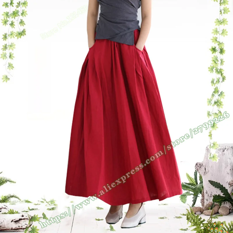 

Summer Female Clothing Plus Size 5XL 6XL Vintage Retro Style Casual Red Cotton Linen Long Maxi a line Skirts Womens designs