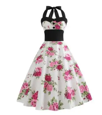 HGFS Summer Dress 2019 Robe Vintage Pin Up Women Floral Print Halter Big Swing 1950s 60s Retro Rockabilly Party Dresses | Женская одежда