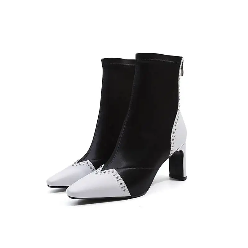 MEMUNIA SIZE 34-42 2020 NEW fashion genuine leather+stretch fabric ankle boots women rhinstone zip high heel casual shoes | Обувь
