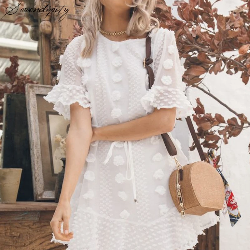 Elegant Fashion White Women Beach Dress Casual Ruffle Short Sweet Summer Mini Sash Dot Vestidos O neck Solid|Женские платья| |
