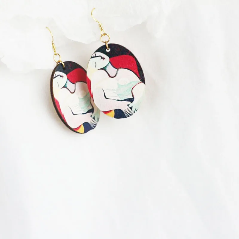 Vintage Retro Renaissance Art Famous Oil Painting Women Portrait Asymmetric Starry Earrings Wooden Abstract Drop | Украшения и