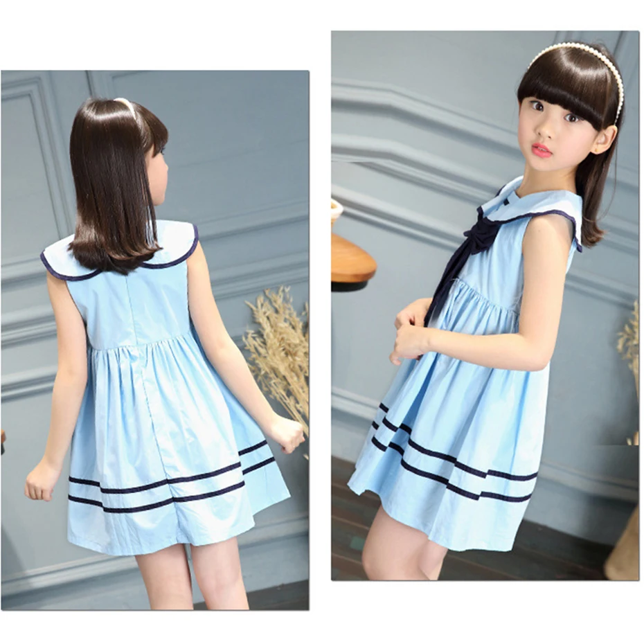 Girl Dress Sailor Collar Vestidos For Children Big Bow Teenage Kids School Clothes Girls 6 8 10 12 13 14 Year | Детская одежда и