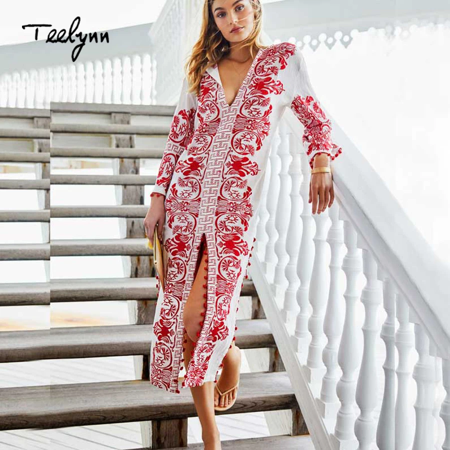 Женское длинное платье с цветочной вышивкой TEELYNN Boho повседневное белое прямое