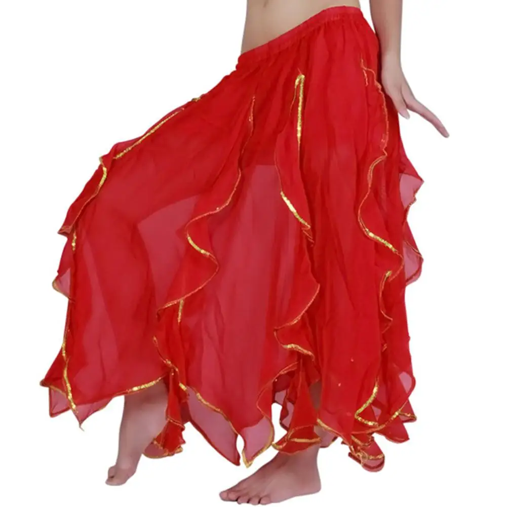 Шифоновая Мягкая юбка для танца живота, Женская кружевная Золотая Hemline Одежда для танцев, одежда для выступлений, танцевальный костюм