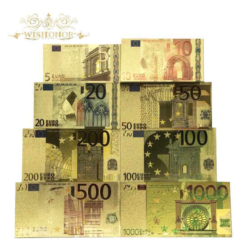 

8pcs/lot Color Euro Banknote Sets 5 10 20 50 100 200 500 1000 EUR Gold Banknotes in 24K Gold Fake Paper Money for Collection