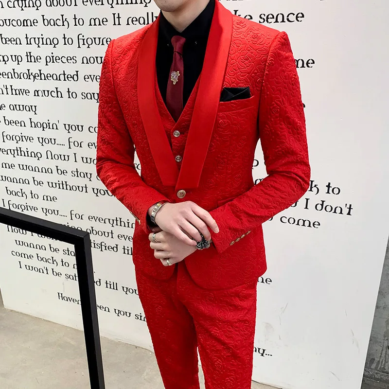 red Королевский синий мужской костюм, черный, красный, белый, с принтом розы, костюмы для свадьбы, смокинг, мужской свадебный костюм, роскошный стильный мужской костюм из 3 предметов - Цвет: red
