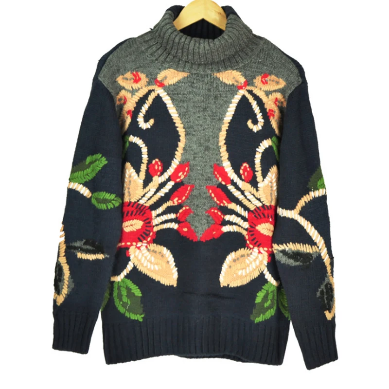 2022 Spring Women Thick Sweaters Turtleneck Neck Knitted Pullovers Christmas Female Runway Embroidery floral Jumper Clothing | Женская